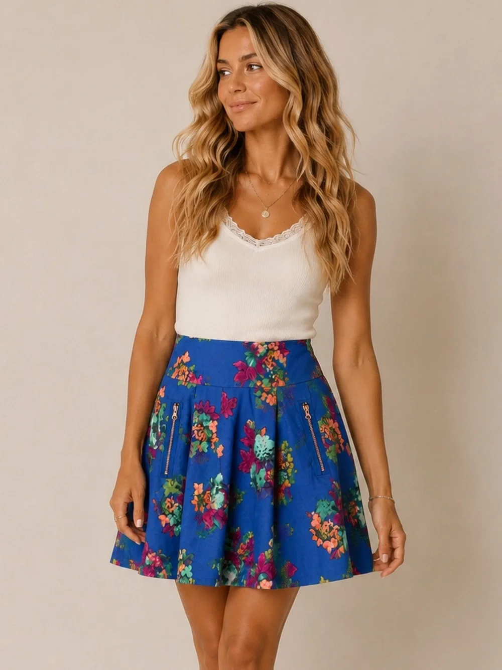 Maeve Anthropologie Garden Days Floral Mini Skirt 12P Blue Zip Pocket Anthro